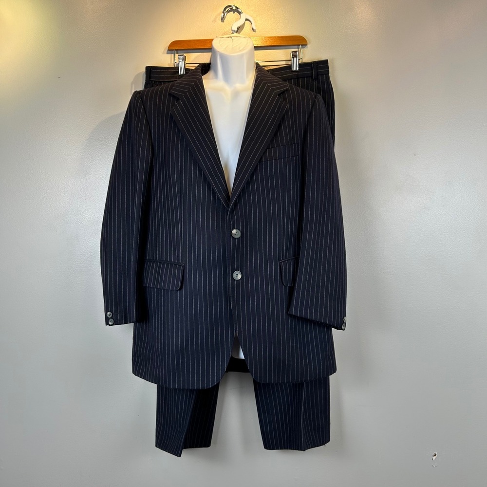 Vintage 70s Westbury Mens‎ Pinstripe Suit Navy Blue Wool 40R 36x28 Wide Leg